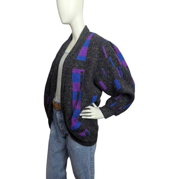 Vintage 80s Abstract Metallic Cardigan Sweater – Purple & Cobalt – Size L - Picture 4 of 13